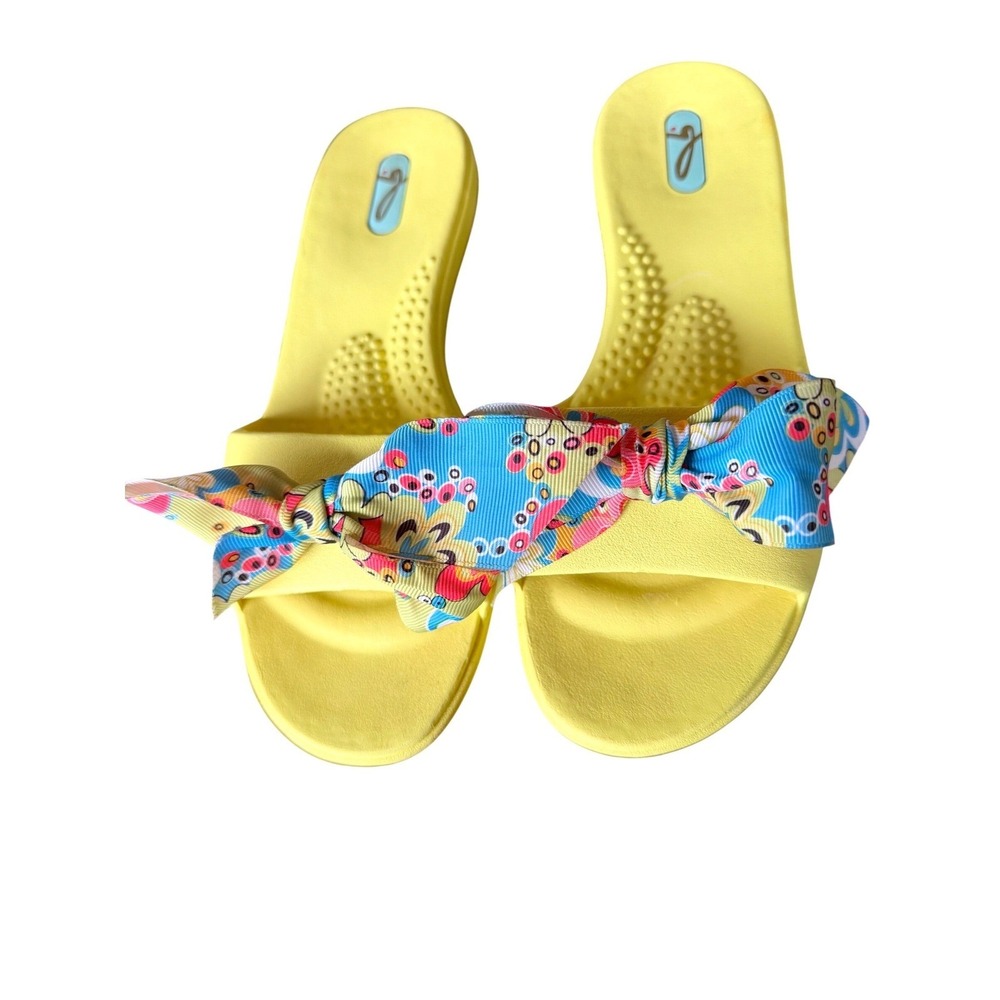 Oka-B Yellow Slide Sandals Floral Grosgrain Bow Vegan Made in USA Womens Medium
